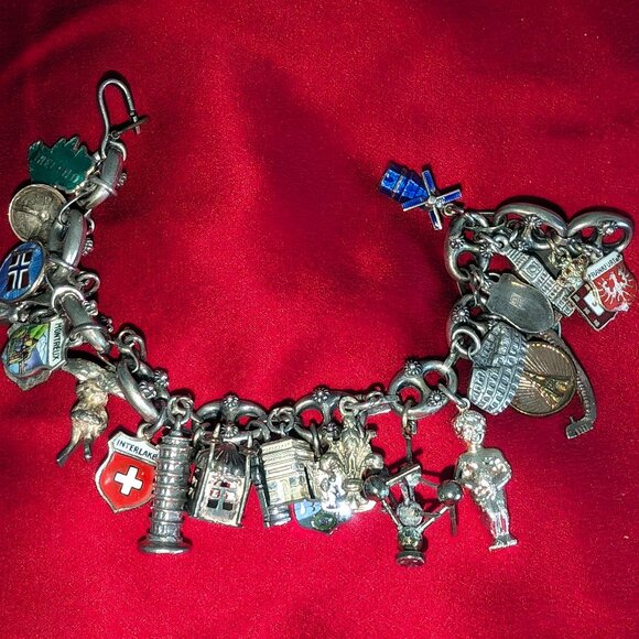 Sterling Silver Charm Bracelet 27 Sterling Charms Travel 64.8 Grams 7.5" Vintage - Picture 6 of 16